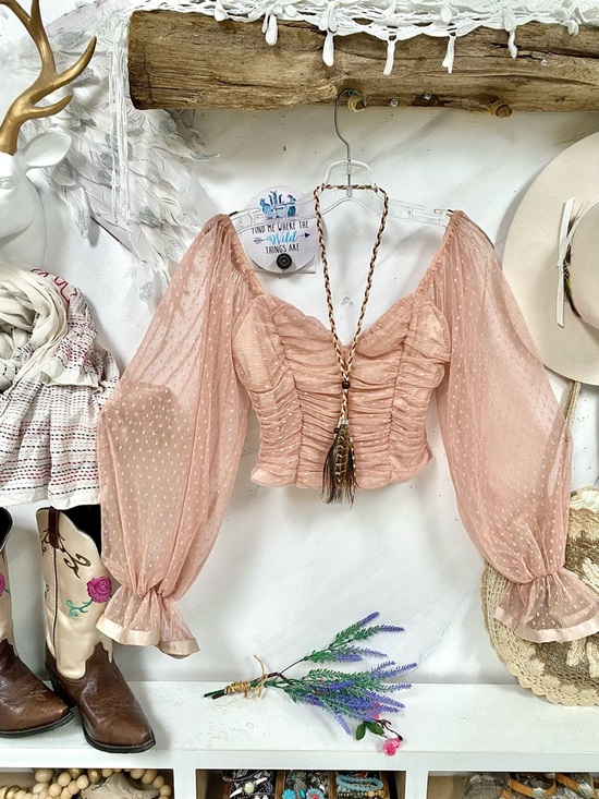 A.Peach Tops - Semi sheer Romantic Victorian boho blouse w shabby chic feel